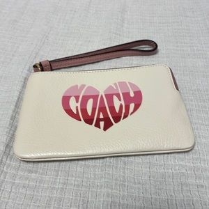 Coach Pebble Grain Leather Corner Zip Wristlet Chalk and Pink